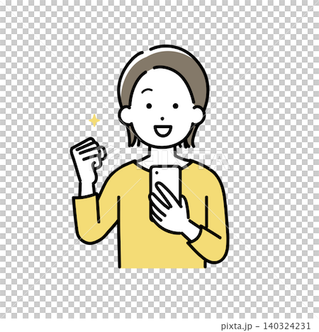 スマホを持ってガッツポーズをする若い女性のイラスト スマホを持ってガッツポーズをする若い女性のイラスト 140324231