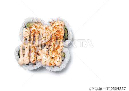 Close Up of Spicy Sushi Roll isolated on white background Close Up of Spicy Sushi Roll isolated on white background 140324277