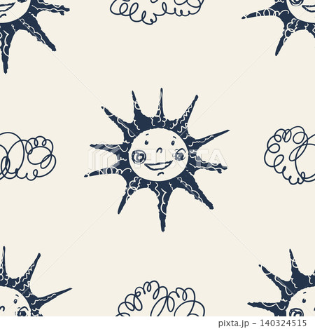 Seamless Smiling Sun and Cloud Pattern with Hand Drawn Celestial Motifs Seamless Smiling Sun and Cloud Pattern with Hand Drawn Celestial Motifs 140324515