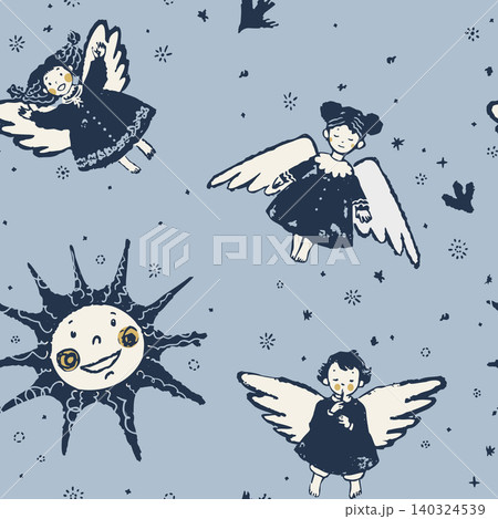 Whimsical Angel and Smiling Sun Seamless Pattern in Folk Art Style 140324539