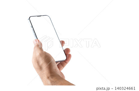 Hand Holding Smartphone Mockup with Blank Screen Isolated on White Background Hand Holding Smartphone Mockup with Blank Screen Isolated on White Background 140324661