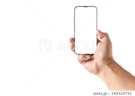 Hand Holding Smartphone Mockup with Blank Screen Isolated on Light Gray Background Hand Holding Smartphone Mockup with Blank Screen Isolated on Light Gray Background 140324732