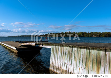 scenic lakeside view with wooden pier and blue sky scenic lakeside view with wooden pier and blue sky 140324750