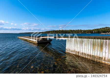 scenic lakeside view with wooden pier and blue sky scenic lakeside view with wooden pier and blue sky 140324754