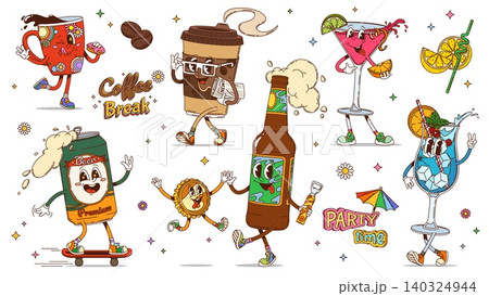 Cartoon groovy drinks and cocktails characters Cartoon groovy drinks and cocktails characters 140324944