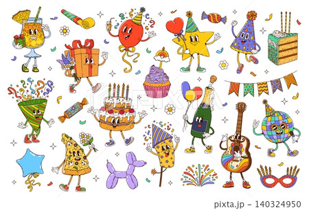 Cartoon groovy birthday holiday party characters Cartoon groovy birthday holiday party characters 140324950