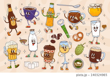 Cartoon groovy drink characters, retro beverages Cartoon groovy drink characters, retro beverages 140324965