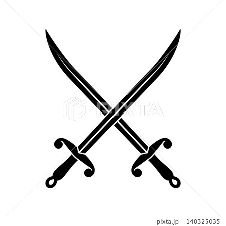 Pirate sabers and swords icons, corsair battle blades and sailor daggers vector emblem. Filibuster weapon blades monochrome symbol or icon Pirate sabers and swords icons, corsair battle blades and sailor daggers vector emblem. Filibuster weapon blades monochrome symbol or icon 140325035