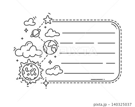 Galaxy space planets kids memo note template. Child lessons schedule vector label, To Do list. Kid scrapbook memo note sticker or diary frame with Sun, Earth and Saturn space planets, clouds and stars 140325037