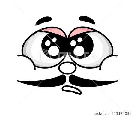 Cartoon confused face emotion, unhappy and sulky emoji expression with moustaches. Character featuring huge sparkling eyes, puffy pink eyelids. Vector face for humorous social media stickers 140325039