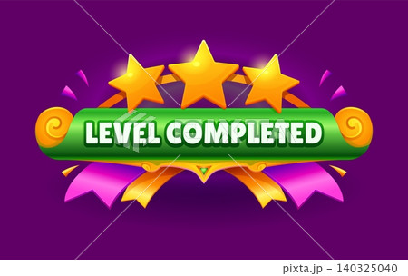 Game interface level completed icon. Shiny green scroll symbol with golden stars and pink ribbons on vivid purple background. Vector icon for achievement rewards and progress notifications 140325040
