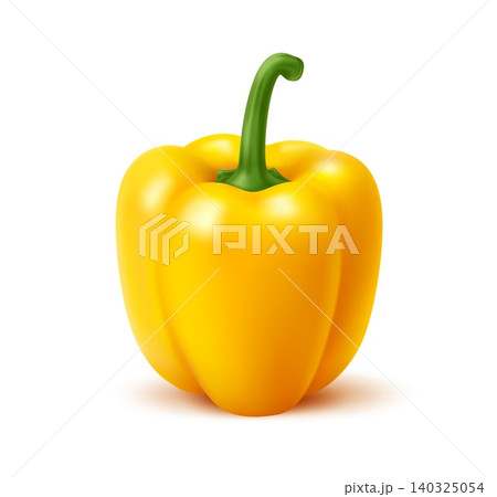 Realistic ripe raw bell pepper vegetable. Isolated 3d vector natural fresh, healthy food, yellow paprika plant. Bulgarian pepper, organic veggies, eco farm production, farming crop, cooking ingredient 140325054