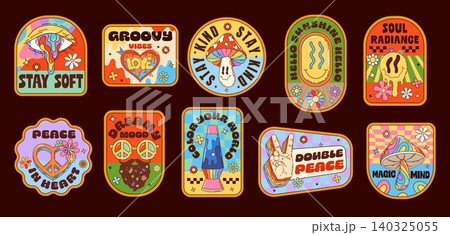 Retro groovy label stickers, vintage hippie patches with psychedelic characters. Vector y2k hippie rainbow mushroom, flower, peace heart and sunglasses, groovy melting smile emoji and eye stickers Retro groovy label stickers, vintage hippie patches with psychedelic characters. Vector y2k hippie rainbow mushroom, flower, peace heart and sunglasses, groovy melting smile emoji and eye stickers 140325055