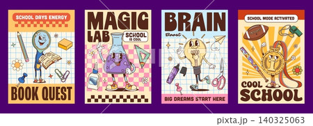 Y2K groovy stationery on school education posters with funny characters, cartoon vector. Y2K retro posters, groovy school student medal, funky magnifier or hippie chemistry lab vial with happy face 140325063