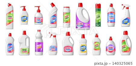 Cleanser, liquid soap bottle and detergent container realistic packages. Vector set of household cleaning product containers and sprays. Disinfectants and air fresheners in different shapes and labels Cleanser, liquid soap bottle and detergent container realistic packages. Vector set of household cleaning product containers and sprays. Disinfectants and air fresheners in different shapes and labels 140325065