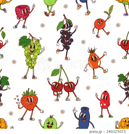 Groovy hippie berry characters seamless pattern. Cute cartoon fruits with expressive faces, including strawberry, cherries, grapes, currants and raspberry, rosehip or gooseberry white tile background Groovy hippie berry characters seamless pattern. Cute cartoon fruits with expressive faces, including strawberry, cherries, grapes, currants and raspberry, rosehip or gooseberry white tile background 140325073