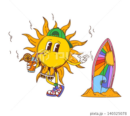 Cartoon groovy hippie sun character on the beach with a cool drink, wearing a cap and sunglasses with surfboard stands in the sand nearby. Vector retro funky summer personage enjoying summer vacation 140325078
