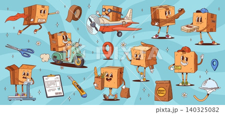 Cartoon groovy delivery cardboard box characters. Retro y2k carton parcels vector personages in delivery service courier uniform and super hero costume. Funny groovy brown paper boxes and packs 140325082