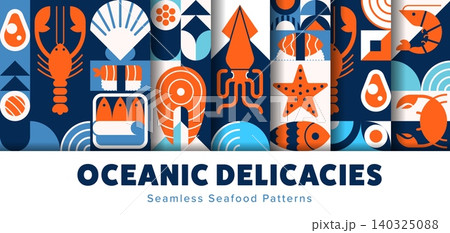 Seafood seamless patterns with modern geometric background of vector fish and shrimps. Seafood pattern of oceanic delicacy or sea food sushi with geometric tuna, starfish and crab or caviar and prawn 140325088