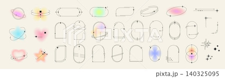 Aesthetic shapes, minimal geometric borders and frames with stars, sparkles and neon effect. Vector y2k space figures. Brutal linear sparks, arches, ovals, spirals with retro futuristic cosmic vibes 140325095