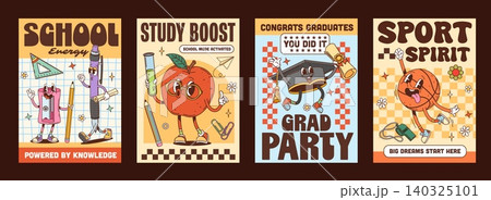 Y2K groovy school education and stationery characters posters, retro cartoon vector. Y2K posters with groovy basketball ball, hippie student graduate cap and happy funky apple in teacher glasses Y2K groovy school education and stationery characters posters, retro cartoon vector. Y2K posters with groovy basketball ball, hippie student graduate cap and happy funky apple in teacher glasses 140325101
