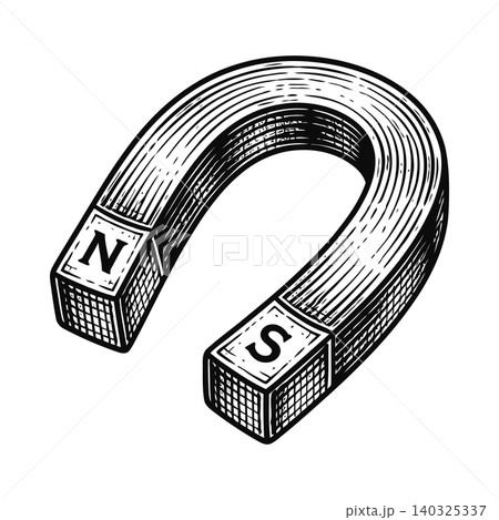 Horseshoe magnet in black and white line art style for educational materials and science Horseshoe magnet in black and white line art style for educational materials and science 140325337