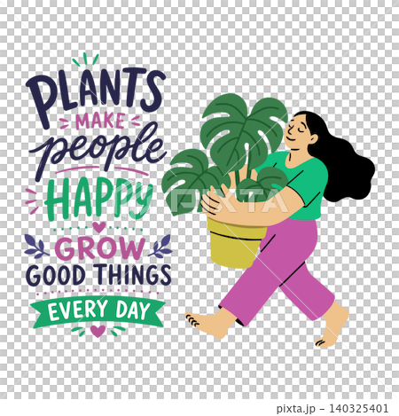 Happy woman holding potted plant in flat vector style for wellness and home decor Happy woman holding potted plant in flat vector style for wellness and home decor 140325401