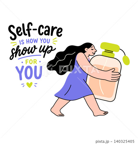 Woman practicing self-care with a large bottle of perfume in modern flat vector style for wellness Woman practicing self-care with a large bottle of perfume in modern flat vector style for wellness 140325405