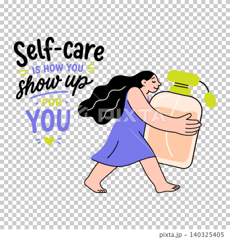 Woman practicing self-care with a large bottle of perfume in modern flat vector style for wellness Woman practicing self-care with a large bottle of perfume in modern flat vector style for wellness 140325405