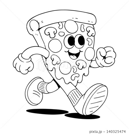 Smiling pizza mascot in bold line art style for food branding and packaging Smiling pizza mascot in bold line art style for food branding and packaging 140325474