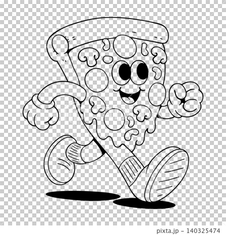 Smiling pizza mascot in bold line art style for food branding and packaging Smiling pizza mascot in bold line art style for food branding and packaging 140325474