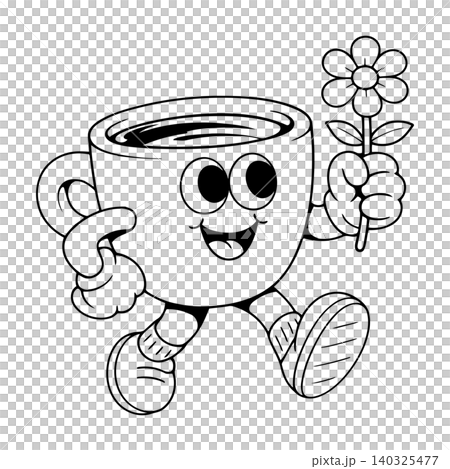 Smiling coffee cup mascot holding flower in line art style for greeting card and sticker 140325477