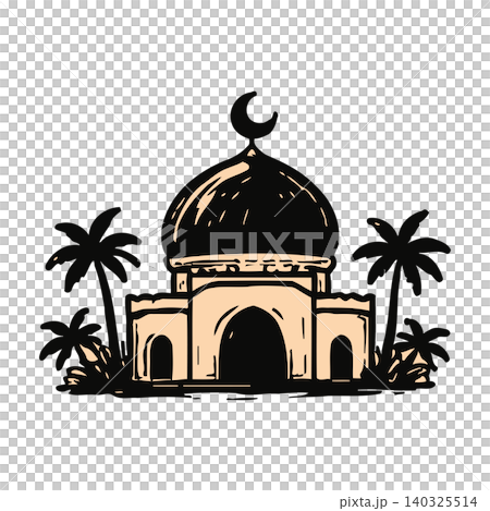 Mosque illustration with palm trees in black and beige line art style for cultural and religious Mosque illustration with palm trees in black and beige line art style for cultural and religious 140325514