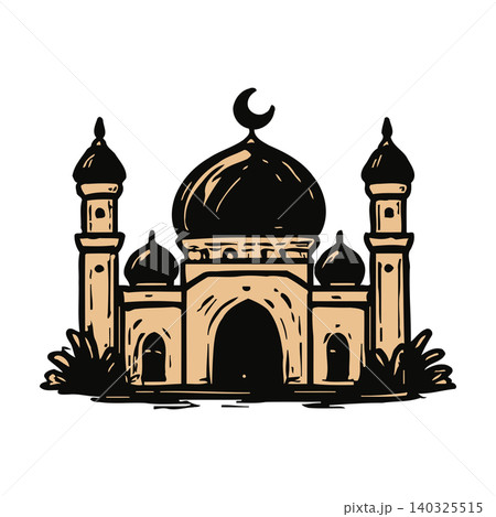Mosque building illustration in black and beige line art style for cultural and religious symbol use Mosque building illustration in black and beige line art style for cultural and religious symbol use 140325515