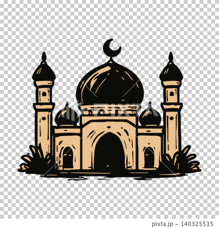 Mosque building illustration in black and beige line art style for cultural and religious symbol use Mosque building illustration in black and beige line art style for cultural and religious symbol use 140325515