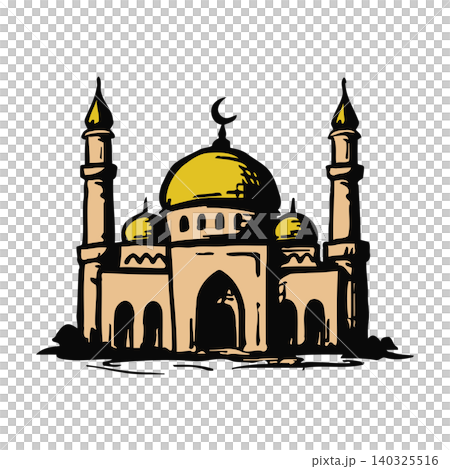Mosque illustration in gold and beige line art style for cultural or religious editorial Mosque illustration in gold and beige line art style for cultural or religious editorial 140325516