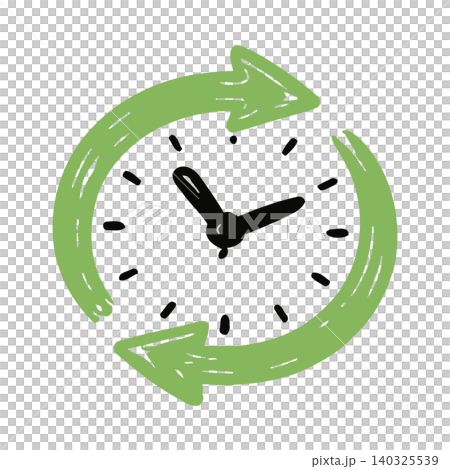 Green clock face with circular arrows in hand-drawn doodle style for time cycle concept Green clock face with circular arrows in hand-drawn doodle style for time cycle concept 140325539