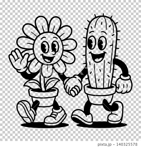 Smiling flower and cactus mascots in line art style for greeting cards and stickers Smiling flower and cactus mascots in line art style for greeting cards and stickers 140325578
