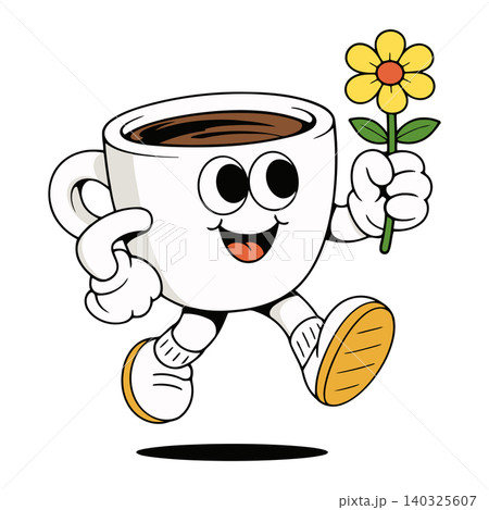 Smiling coffee cup mascot holding flower in playful vector style for greeting cards and packaging Smiling coffee cup mascot holding flower in playful vector style for greeting cards and packaging 140325607