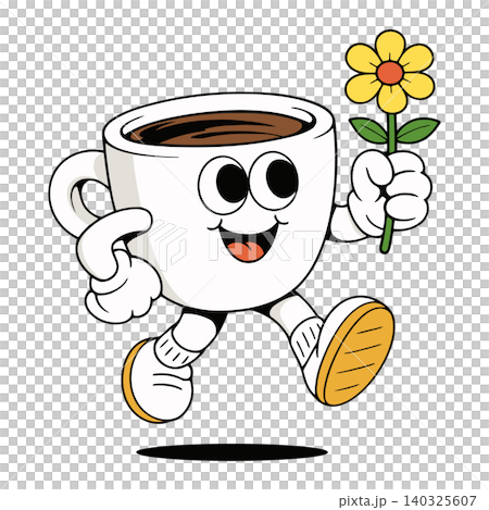 Smiling coffee cup mascot holding flower in playful vector style for greeting cards and packaging Smiling coffee cup mascot holding flower in playful vector style for greeting cards and packaging 140325607