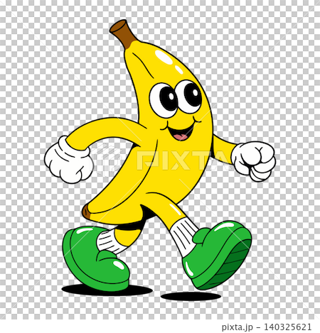 Smiling banana mascot in green shoes cartoon vector style for food branding Smiling banana mascot in green shoes cartoon vector style for food branding 140325621