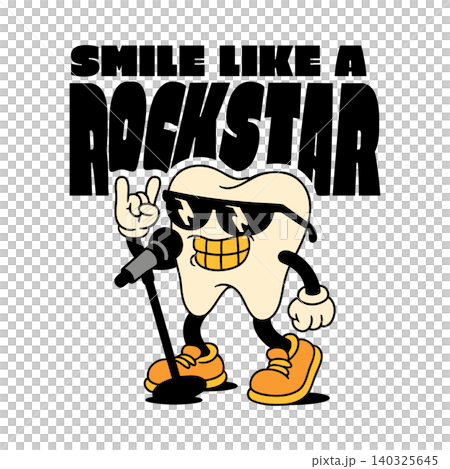 Tooth mascot in sunglasses smiling and rocking with microphone in bold flat vector style for dental Tooth mascot in sunglasses smiling and rocking with microphone in bold flat vector style for dental 140325645