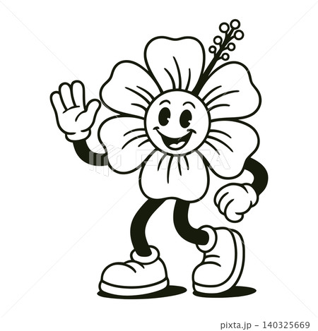 Smiling flower mascot in line art style for greeting cards and stickers 140325669