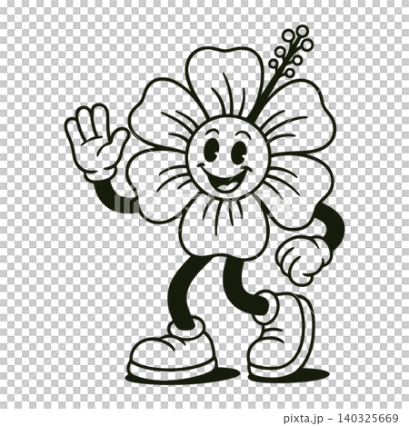 Smiling flower mascot in line art style for greeting cards and stickers 140325669