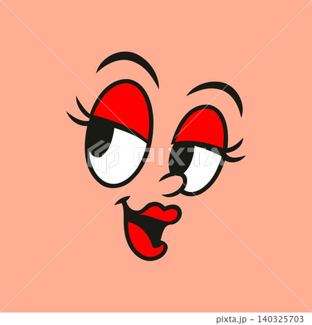 Cartoon face with red eyes and lips in bold flat vector style for sticker or emoticon use 140325703