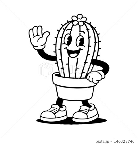 Smiling cactus mascot in line art style for sticker or greeting card Smiling cactus mascot in line art style for sticker or greeting card 140325746