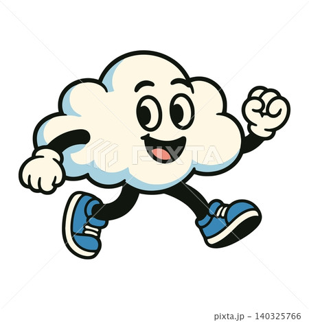 Smiling cloud mascot in running motion with blue sneakers in cartoon vector style for kids 140325766
