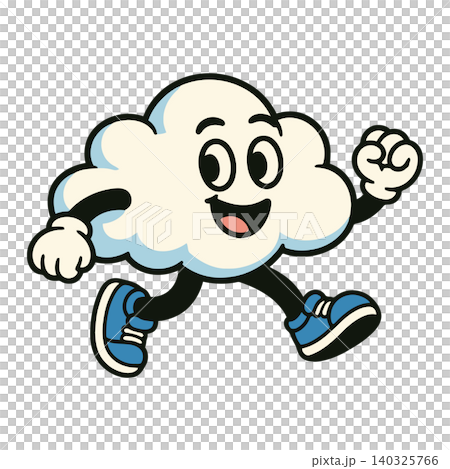 Smiling cloud mascot in running motion with blue sneakers in cartoon vector style for kids 140325766
