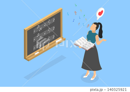 3D Isometric Flat Vector Illustration of Music Class, Female Singer Helps Students Improve Their Voice Standing Next To Blackboard With Musical Notes. 3D Isometric Flat Vector Illustration of Music Class, Female Singer Helps Students Improve Their Voice Standing Next To Blackboard With Musical Notes. 140325921