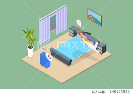 3D Isometric Flat Vector Illustration of Vacation, Excited Woman Tourist Leaps On Hotel Bed To Celebrate Upcoming Vacation At Sunny Resort. 140325939